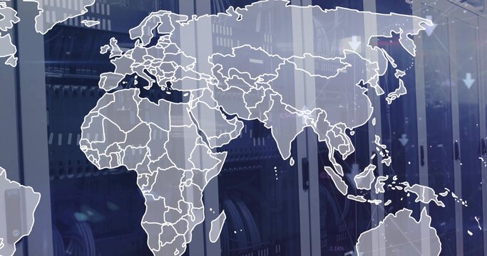 Displaying outline world map on glass panel in server room, showing server racks and cables