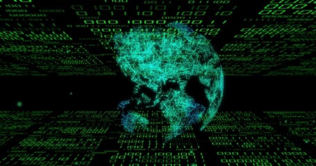 Fototapeta premium Rotating turquoise wireframe globe emitting cyan glow in cyberspace, with green binary grid
