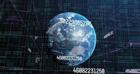 Fototapeta premium Rotating 3D globe showing clouded continents in data grid, overlaying numeric IDs, binary, neon