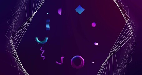 Floating neon cluster drifting in deep violet gradient, with magenta torus and wireframe edges