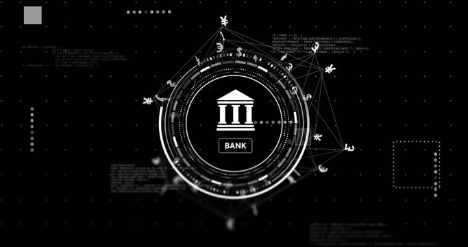 Displaying central banking HUD rotating on fintech UI, with bank icon, BANK label, currency symbols