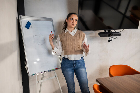 Businesswoman giving presentation with whiteboard in office meeting