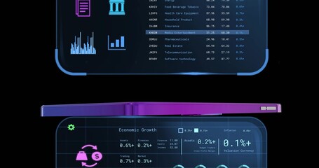 Floating purple smartphone resting amid hologram panels in studio, showing financial charts, icons