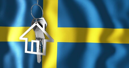 Hanging chrome house-shaped keyring holding metal keys against Swedish flag backdrop, copy space