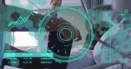 Leaning clinician examining patient wearing hospital gown in hospital bed, with teal HUD overlay