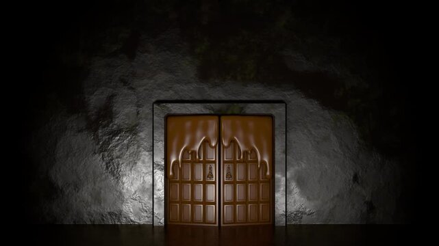チョコレートの扉が開き中へ入る、4K画質、背景透過の映像素材