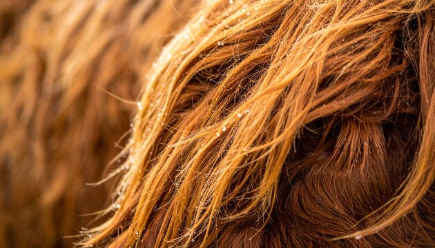 Macro Texture of Long Shaggy Ginger Fur on a Highland Cow