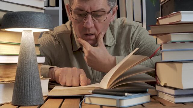 Mature man reading book and studying late at desk with lamp, Focused reading and learning with stack of books during evening study session