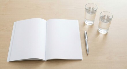 Open notebook with blank pages, pen, and two glasses of water on a bright wooden desk for writing and ideas