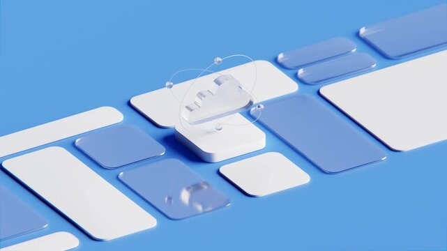 Seamless loop 3d render floating glass cloud icon on blue isometric background animation