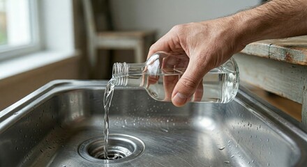 Pouring white vinegar down a kitchen sink drain to clean, deodorize, and unclog it in a home setting