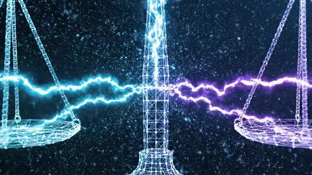 Futuristic legal equilibrium concept, an abstract transparent balance scale constructed from geometric light grids and wireframe polygons, hovering in a deep navy void with electric cyan and violet