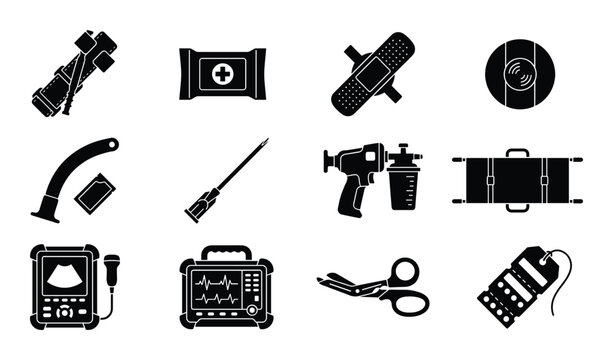 Collection of different medical supplies and tools for emergency care and treatment in black color