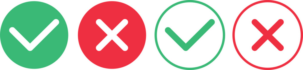 Green check mark and red cross icons set in circle outline and solid style isolated on white background © NikProArt