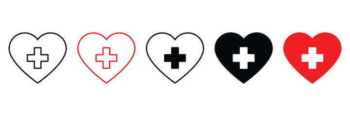 Obraz premium Heart shape medical icon set with cross symbol for healthcare, pharmacy, hospital, first aid, clinic, cardiology, emergency, wellness, medicine, health, nursing, care, life, love.