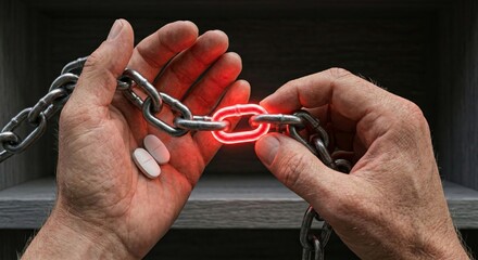Hands holding broken chain with glowing link, pills nearby, symbolizing addiction and the struggle for freedom