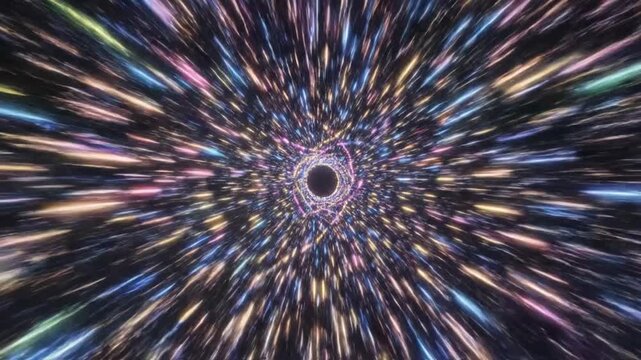 Colorful light trails zoom through a dark space tunnel creating a vibrant