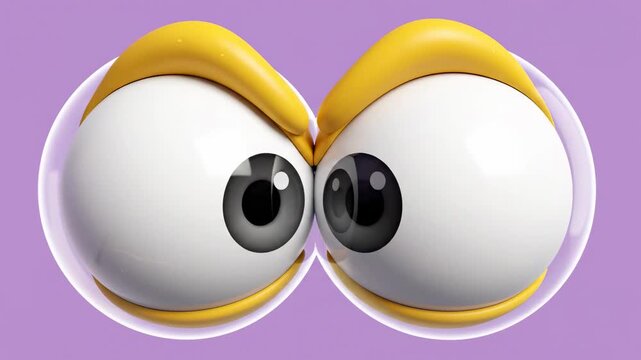 3d googly eyes with yellow eyelids, funny character eyeballs with angry, squint and touching look, render cartoon style, glossy spherical white eyeballs with oversized black pupils loosely floating