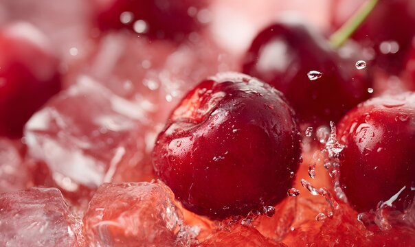 cherries with ice in vibrant red liquid motion, perfect for soda, juice, and syrup marketing