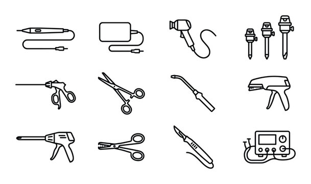 Laparoscopic and endoscopic surgery equipment icons including laser scalpel and surgical staplers