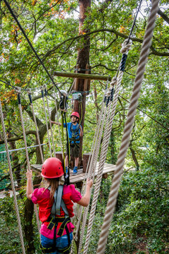 Boy and girl on a high rope course in forest