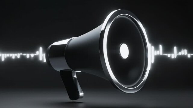 Abstract Communication Symbol inspired by a megaphone, enlarged simplified cone form emerging from a dark minimal background with soft volumetric light beams radiating outward to represent sound