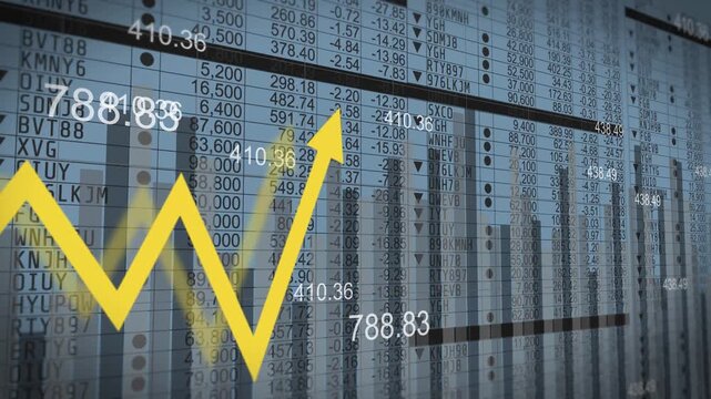 Finance arrow growth concept with glowing stock market chart, global investment strategy interface and futuristic economic data analysis concept 