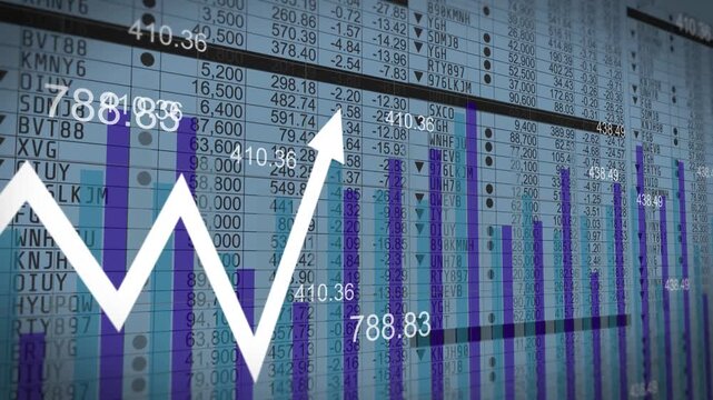 Stock market chart, global investment strategy interface and futuristic economic data analysis, finance arrow growth concept with glowing concept 
