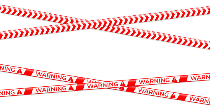 Seamless red and white caution tape set. Restriction line safety ribbons with attention and warning text. Forbidden area barrier isolated on transparent background PNG icons.