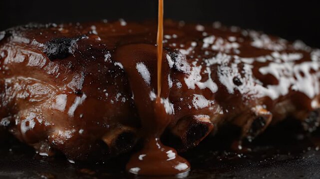 Close up of delicious glazed BBQ pork ribs being basted with rich brown sauce in a dark moody lighting setting perfect for food advertisements and culinary presentations