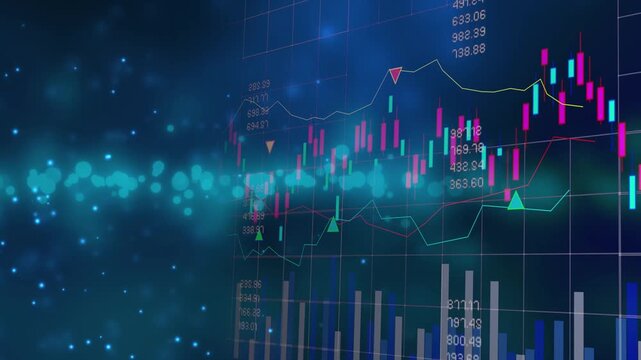 Glowing stock market chart, global investment strategy interface and futuristic economic data analysis