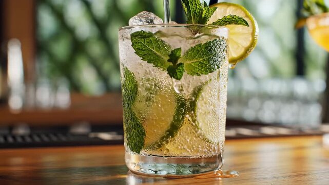 Video of Fresh Lime and Mint Cocktail Detail, iced mojito texture with citrus wedges and aromatic herbs, summer party and tropical refreshment theme.