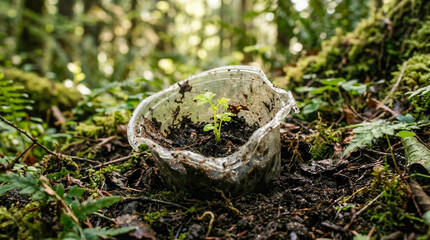 Obraz premium Biodegradable bioplastic cup decomposing in forest soil with green seedling