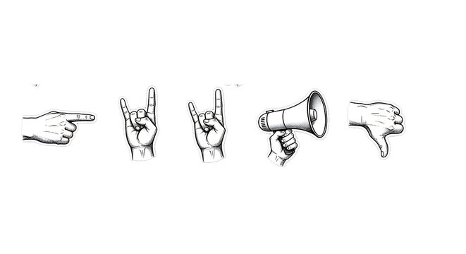 Set of vintage-style hand gesture icons including pointing, rock on, megaphone, and thumbs down isolated on transparent background
