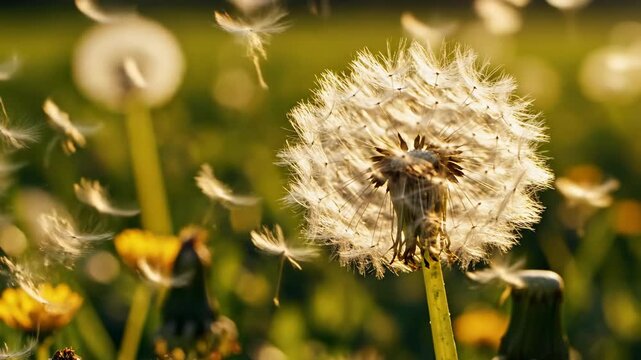 Video of Blowing Dandelion Fluff in Soft Light, airy seed texture, seasonal spring background for environmental and lifestyle visuals.