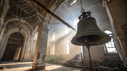 Obraz premium Cobweb-Draped Bell Hanging in an Abandoned, Sunlit Church Interior