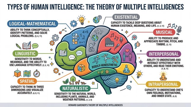 Types Of Human Intelligence And Brain Segments Diagram