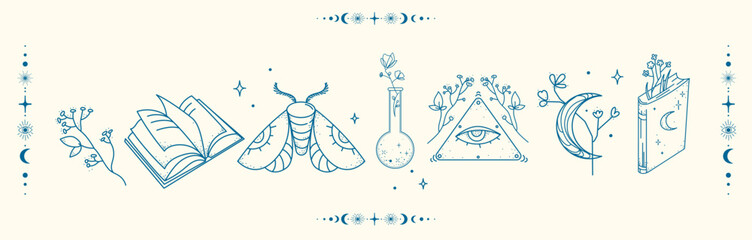 Mystical magic symbols set in line art style with spell book, moth, potion, moon phases,l eye, and sacred geometry for spiritual branding, tattoo, poster packaging, logo, or mystical decoration.Vector © Ilonka eva