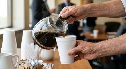 Man pours coffee from glass carafe into styrofoam cup at office meeting, offering beverage to colleagues
