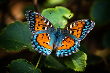 Obraz premium Orange and blue butterfly resting with open wings on a green plant leaf in nature