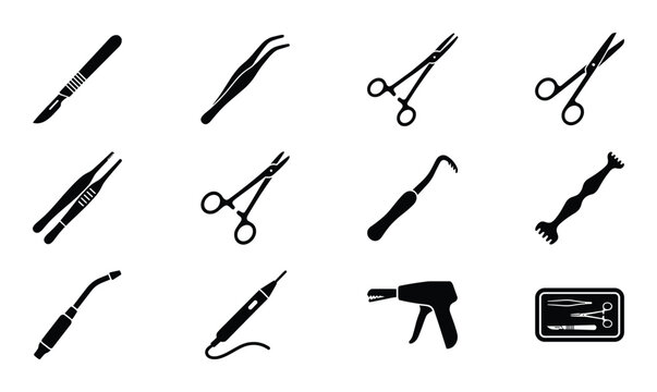 Surgery tools set vector line style scalpel tweezers scissors and other instruments for operation