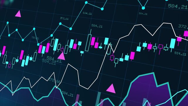 Global stock market growth analysis with digital candlestick chart and financial trading on futuristic screen