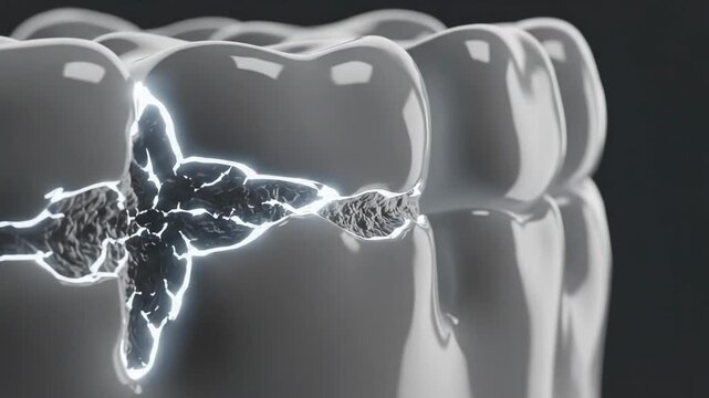 Dental enamel fracture concept rendered in high-contrast studio lighting, magnified enamel surface appearing almost like polished ceramic with a sharply defined crack illuminated by cool white rim