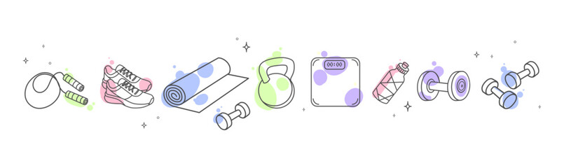 Minimal fitness line icons set with gym equipment including dumbbells running shoes yoga mat water bottle scale and workout accessories for sport health and training design. Vector illustration © Ilonka eva