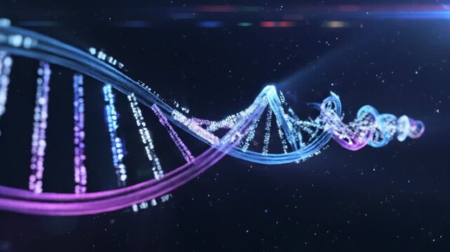 Genomic Data Stream Visualization \'96 abstract interpretation of DNA as flowing lines of light weaving into a dynamic helix form across a deep navy background, luminous code-like patterns