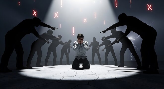 Man kneeling in spotlight surrounded by accusing silhouettes.