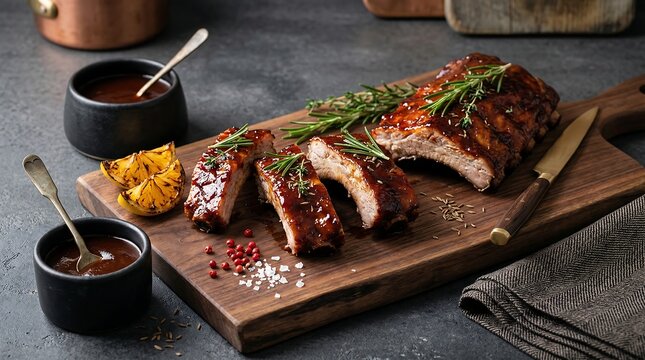Delicious glazed pork ribs with rosemary and grilled lemon slices on a wooden board