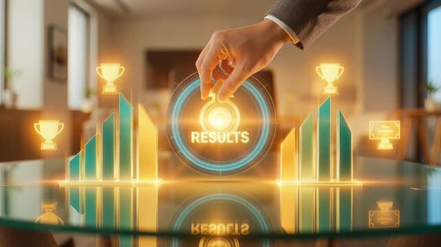 Business success concept with a hand interacting with digital results, growth charts, and glowing trophies, symbolizing achievement and outstanding performance