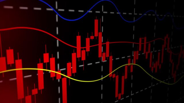 Red bearish trend indicators and economic recession risk analysis on digital trading monitor, global financial crisis concept with falling stock market chart