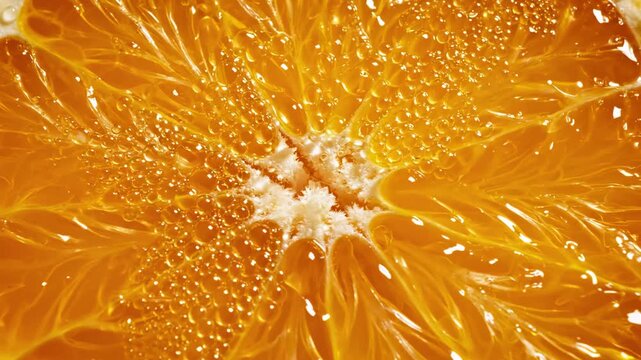 Video of Orange Cross Section \'96 Vibrant citrus fibers radial pattern, fresh fruit texture background, juicy organic slice detail, healthy nutrition and vitamin concept.